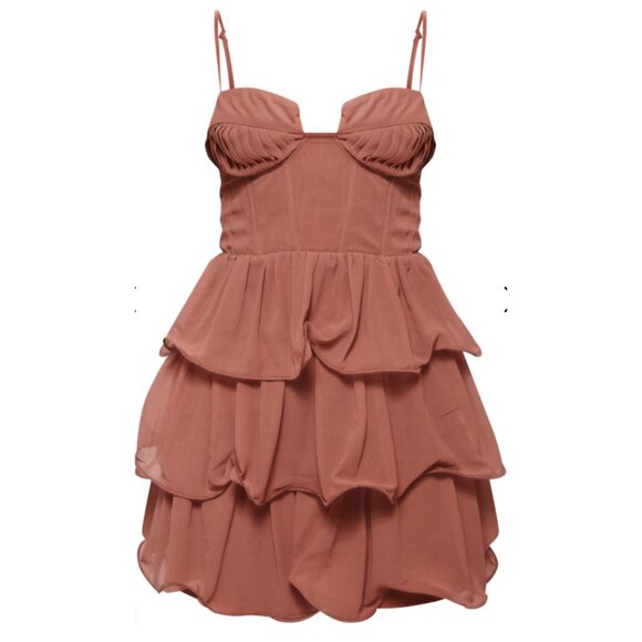 PrettyLittleThing Mocha Chiffon Pleat Cup Detail Frill Shift Dress - Picture 1 of 2